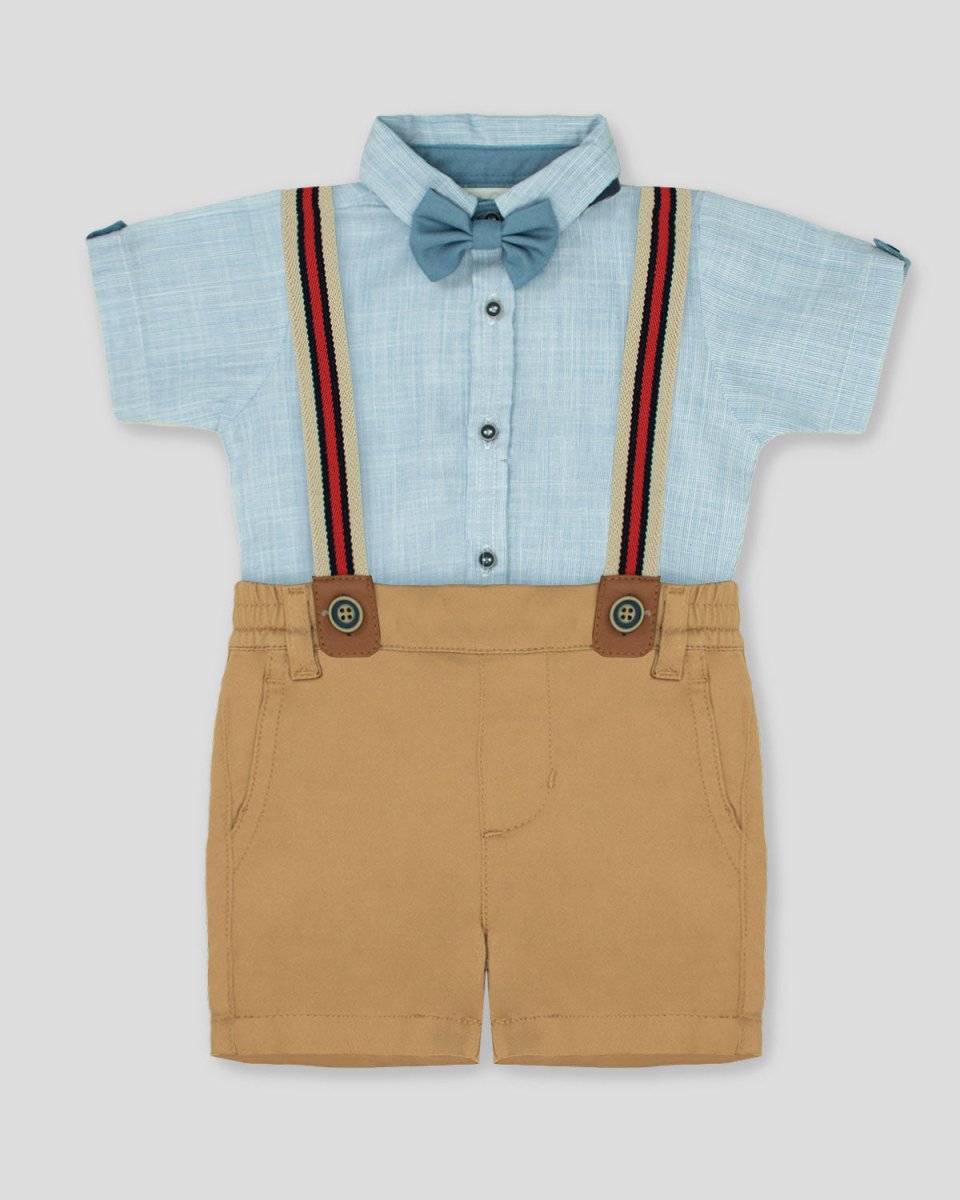 Conjunto camiseta tipo body con short café y cargaderas para bebé niño - Cielito