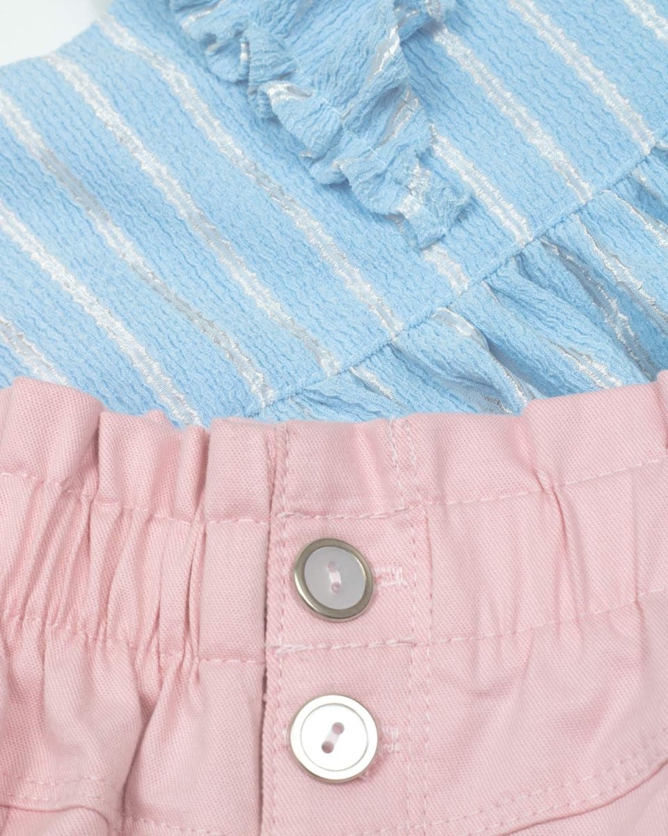 Conjunto de blusa azul con boleros y short rosado para niña - Cielito