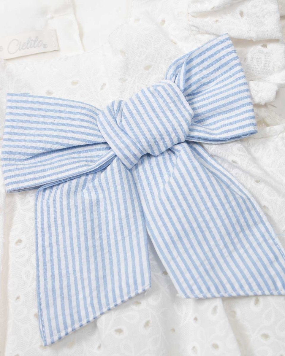 Vestido body blanco hoja rota con boleros y moño de líneas azules para bebe niña - Cielito
