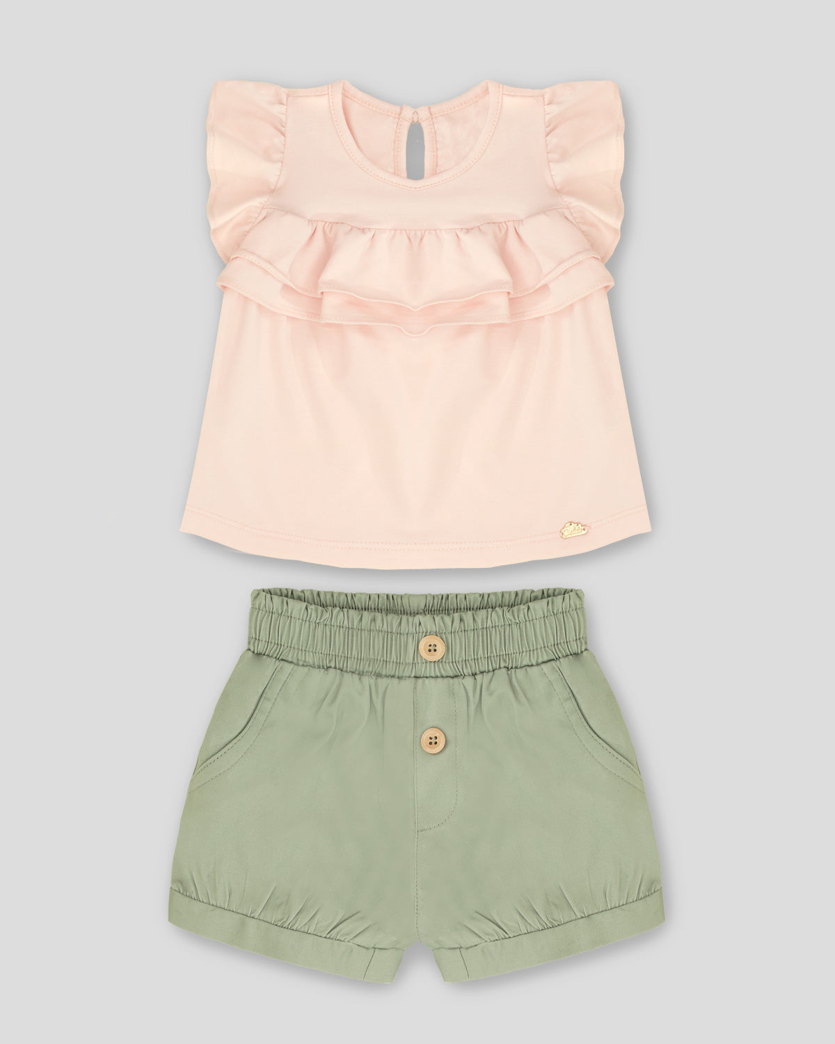 Conjunto blusa rosada con boleros y short verde para bebé niña