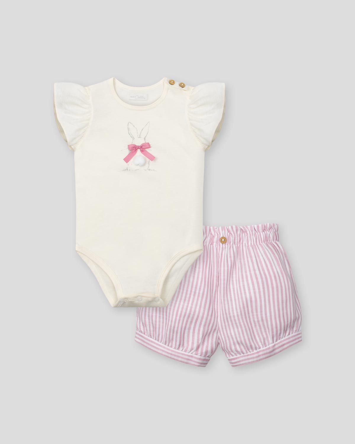 Conjunto body de mangas con bolero, estampado de conejito y short de líneas rosas para bebé niña