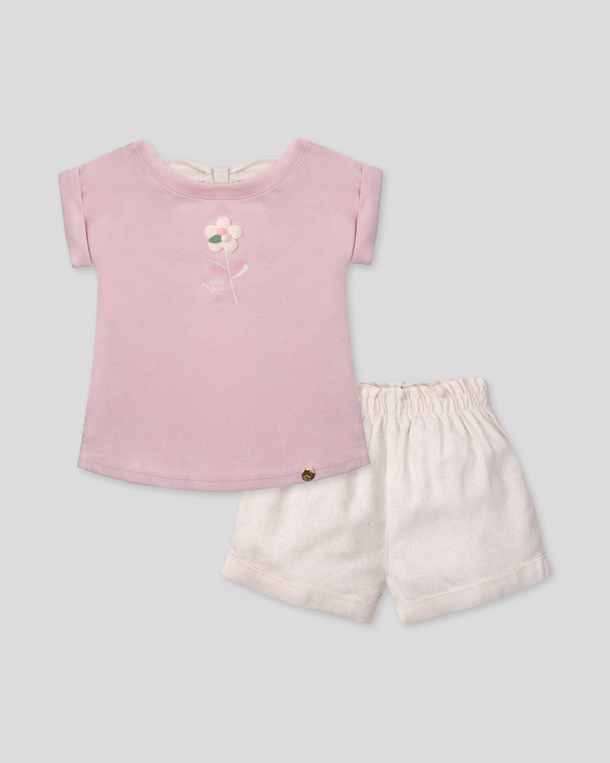 Conjunto blusa rosa con estampado de flor y short en lino para bebé niña