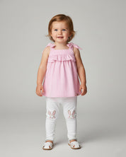 Conjunto blusa rosa con estampado de líneas y leggins con conejitos para bebé niña