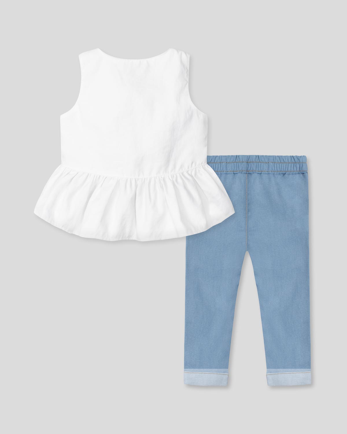 Conjunto blusa blanca con bolero, botones y leggins con estampado de orejitas de conejo para bebé niña