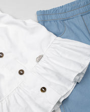 Conjunto blusa blanca con bolero, botones y leggins con estampado de orejitas de conejo para bebé niña