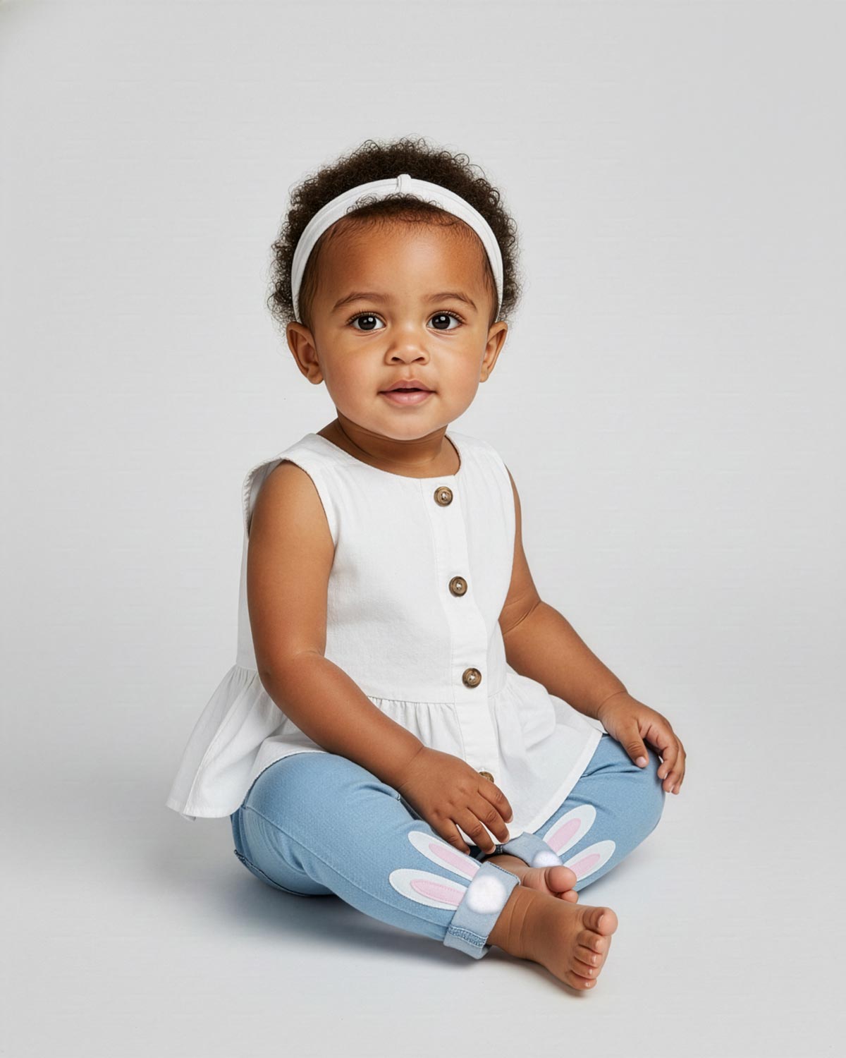 Conjunto blusa blanca con bolero, botones y leggins con estampado de orejitas de conejo para bebé niña