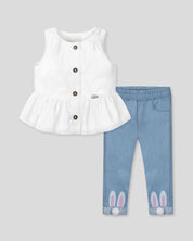 Conjunto blusa blanca con bolero, botones y leggins con estampado de orejitas de conejo para bebé niña