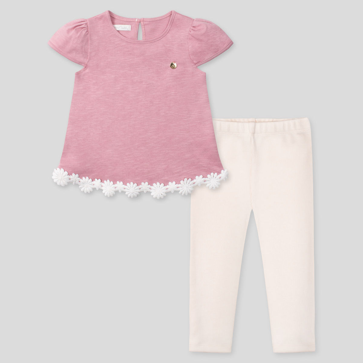 Conjunto blusa rosa con encaje de florecitas y leggins en rib para bebé niña