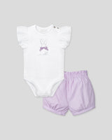 Conjunto body de mangas con bolero, estampado de conejito y short de líneas lilas para bebé niña