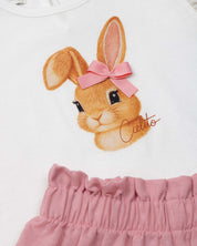 Conjunto blusa con conejito estampado y short rosa para bebé niña