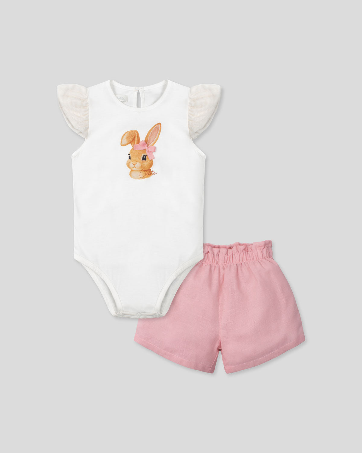 Conjunto blusa con conejito estampado y short rosa para bebé niña