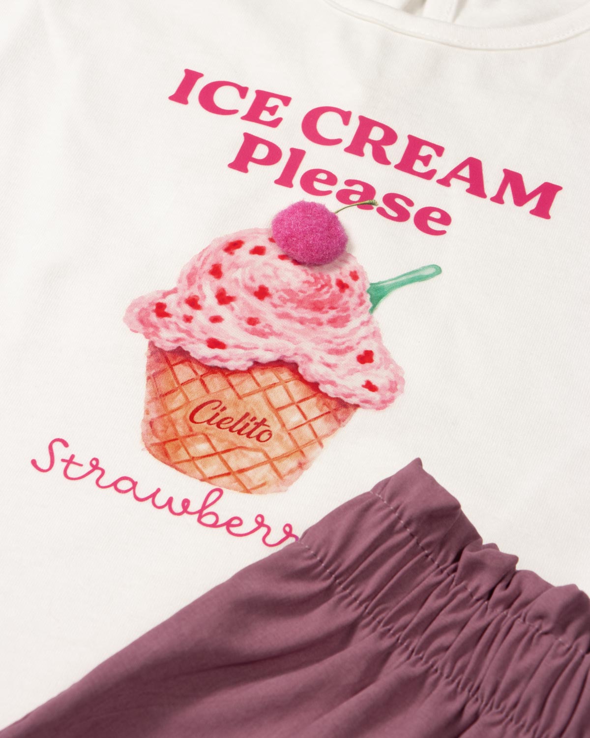 Conjunto camiseta blanca estampada "Ice Cream" y short rosa empolvado para bebé niña