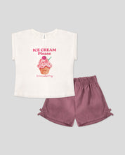 Conjunto camiseta blanca estampada "Ice Cream" y short rosa empolvado para bebé niña