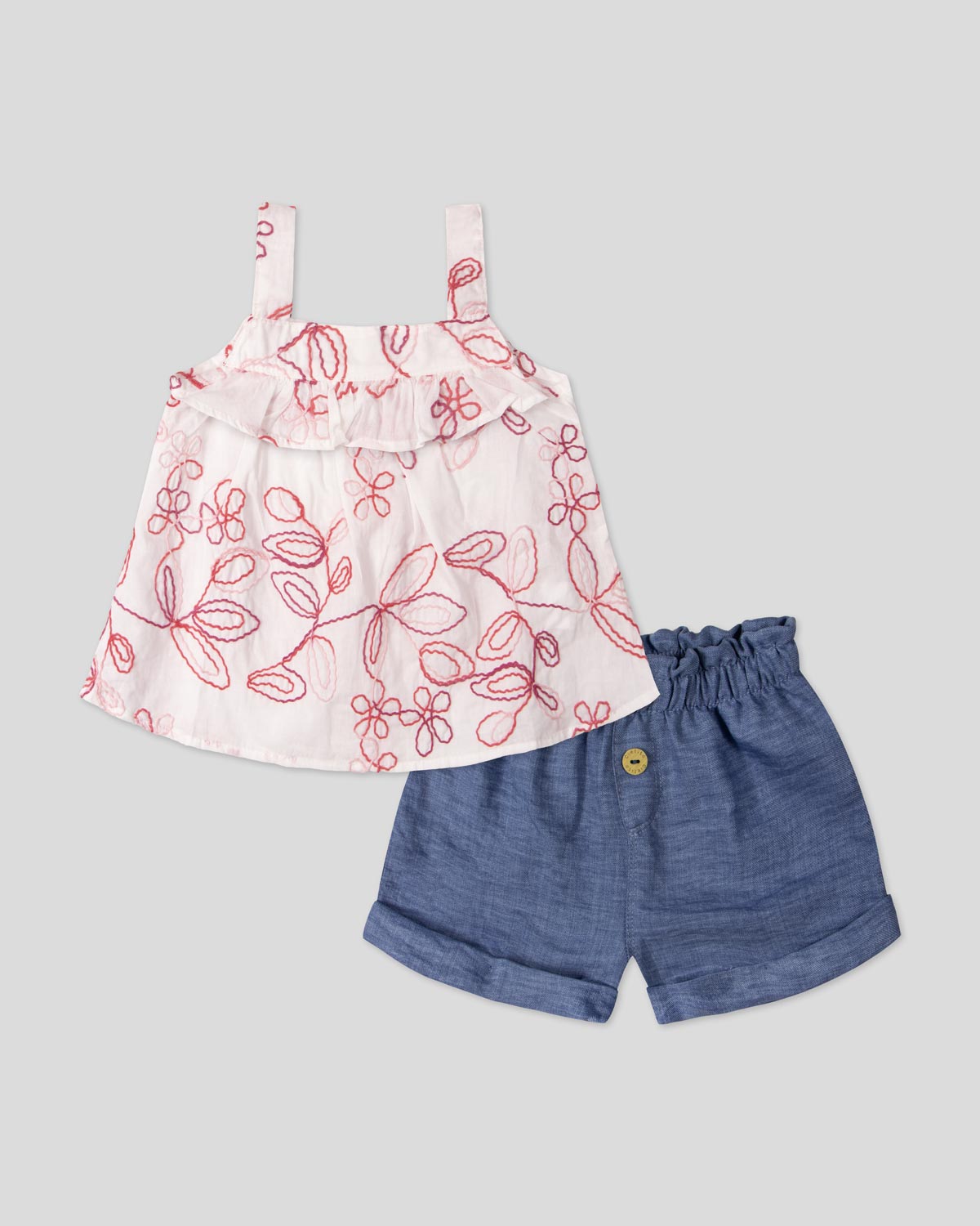 Conjunto blusa blanca con tela bordada de flores y short azul para bebé niña