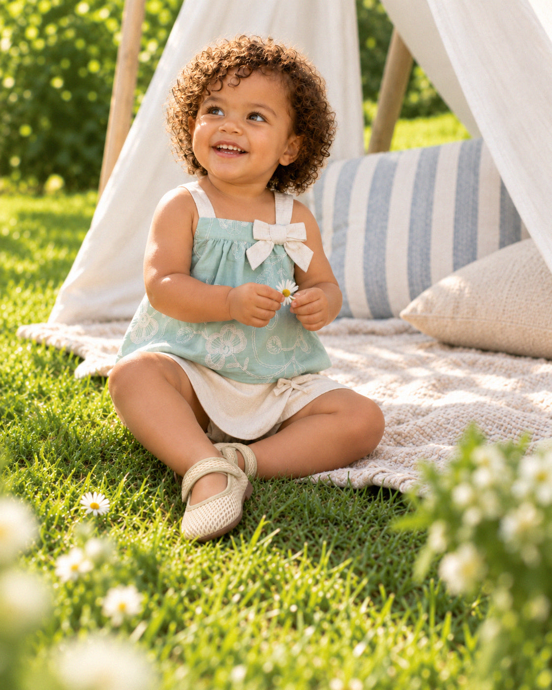 Conjunto blusa verde menta en tela bordada con moño y falda short beige para bebé niña