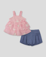 Conjunto blusa rosada de flores bordadas con boleros y falda short azul con moños para bebé niña