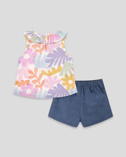 Conjunto blusa estampada con bolero y falda short con moñitos azul para bebé niña
