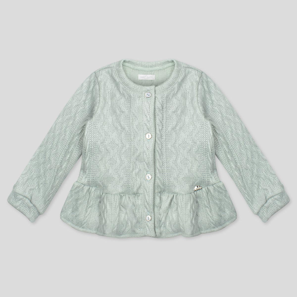 Saco en tela tejida verde con brillos y botones para niña