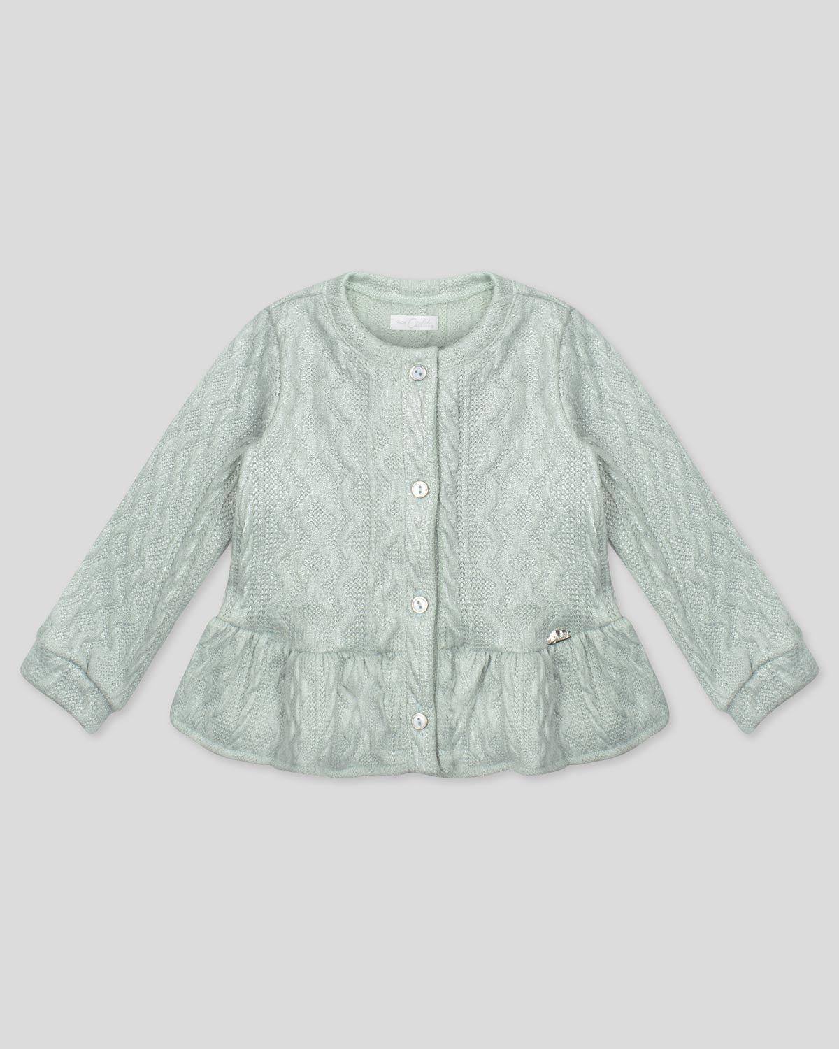 Saco en tela tejida verde con brillos y botones para niña