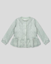 Saco en tela tejida verde con brillos y botones para bebé niña