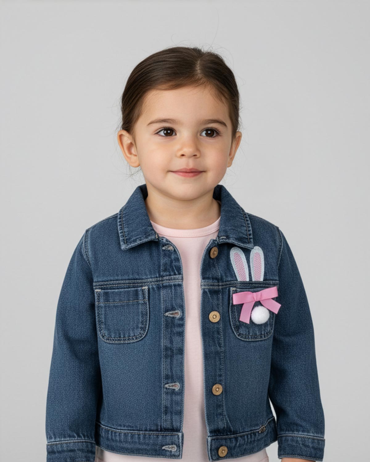 Chaqueta denim con bordado de conejo y moñito para bebé niña