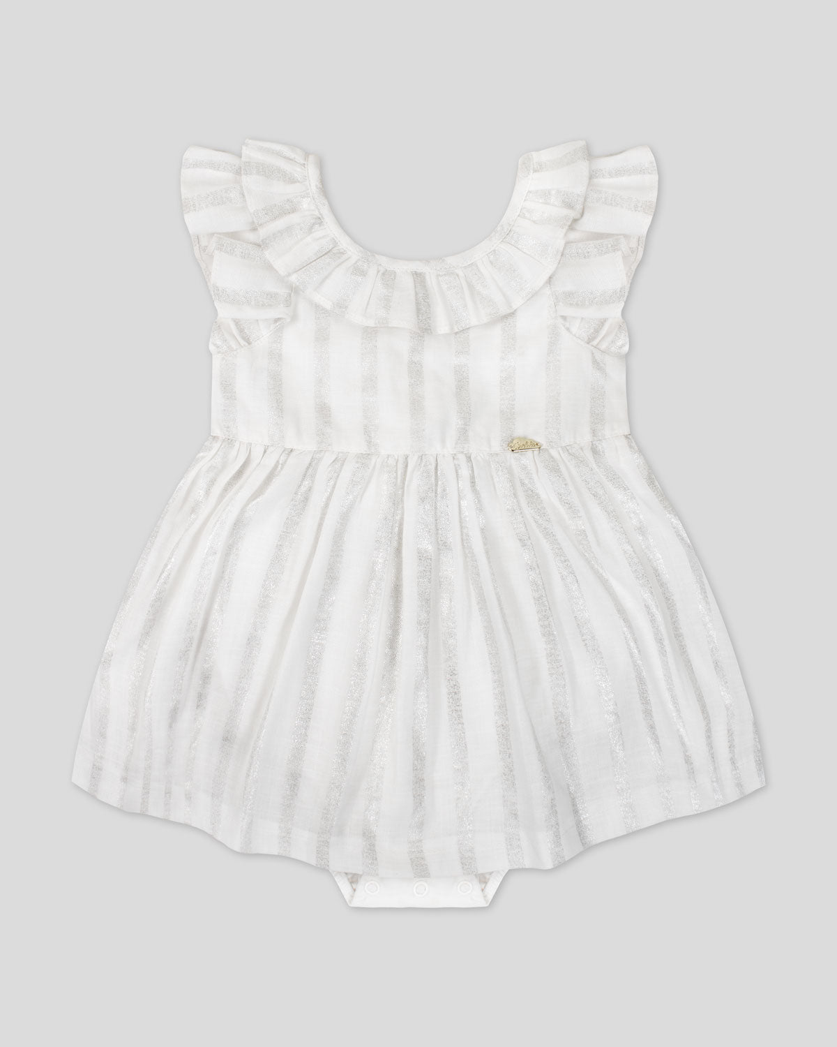 Vestido body blanco de líneas plateadas con boleros y moño en espalda para bebé niña