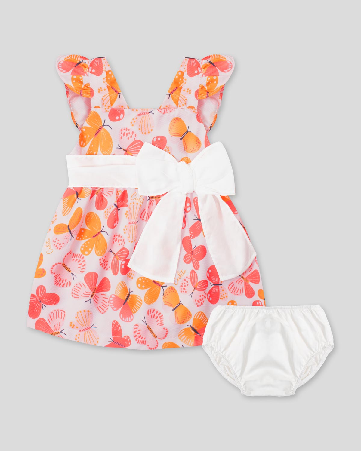 Vestido con estampado de mariposas, detalles de bolero, moño blanco y calzón para bebé niña