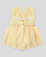 Vestido body amarillo pastel en lino de tiras con bolero y moño estampado para bebé niña