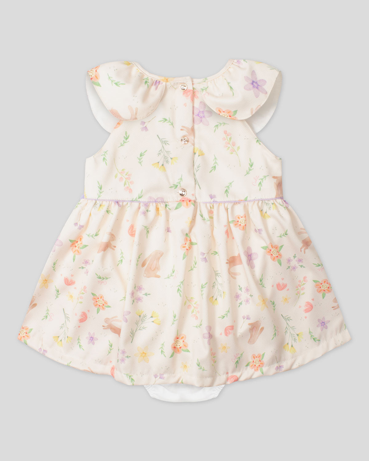 Vestido body estampado con flores y conejitos y moño lila para bebé niña