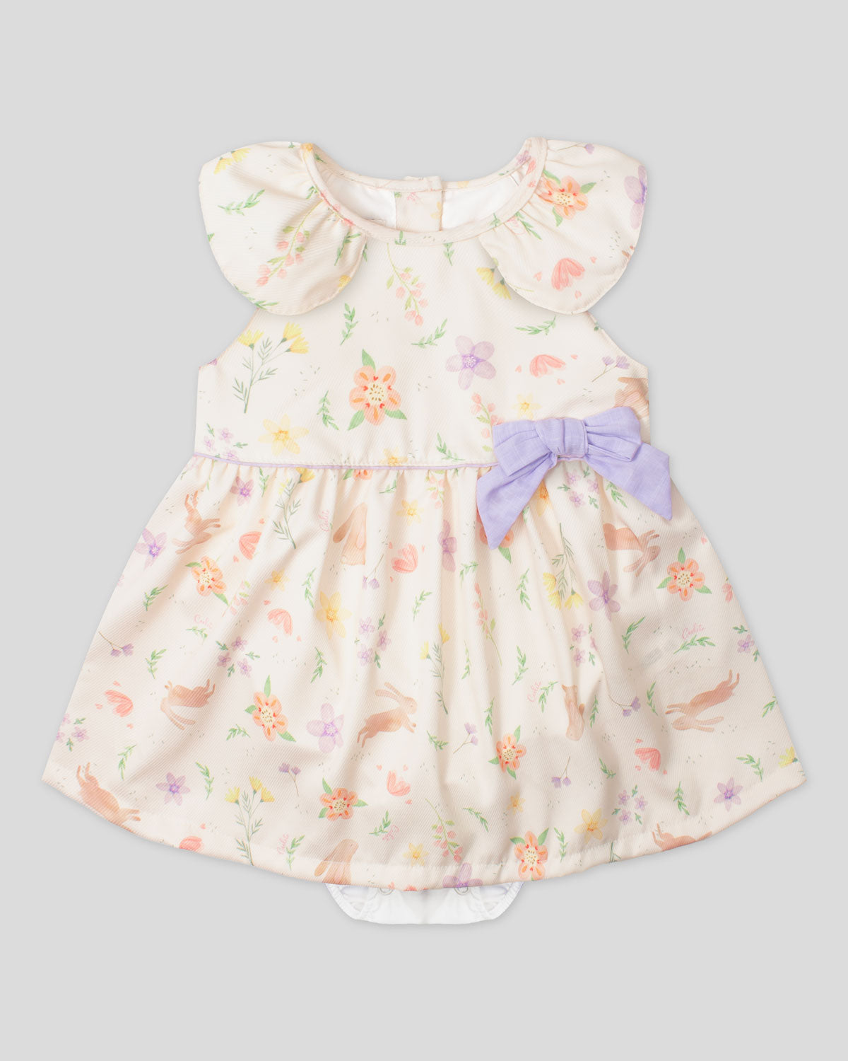 Vestido body estampado con flores y conejitos y moño lila para bebé niña