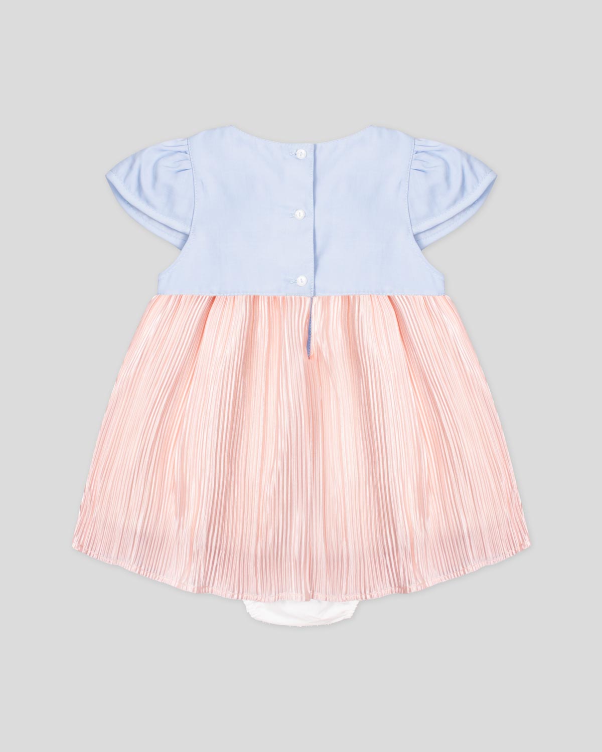 Vestido body en chambray azul con moño y plisado rosado para bebé niña