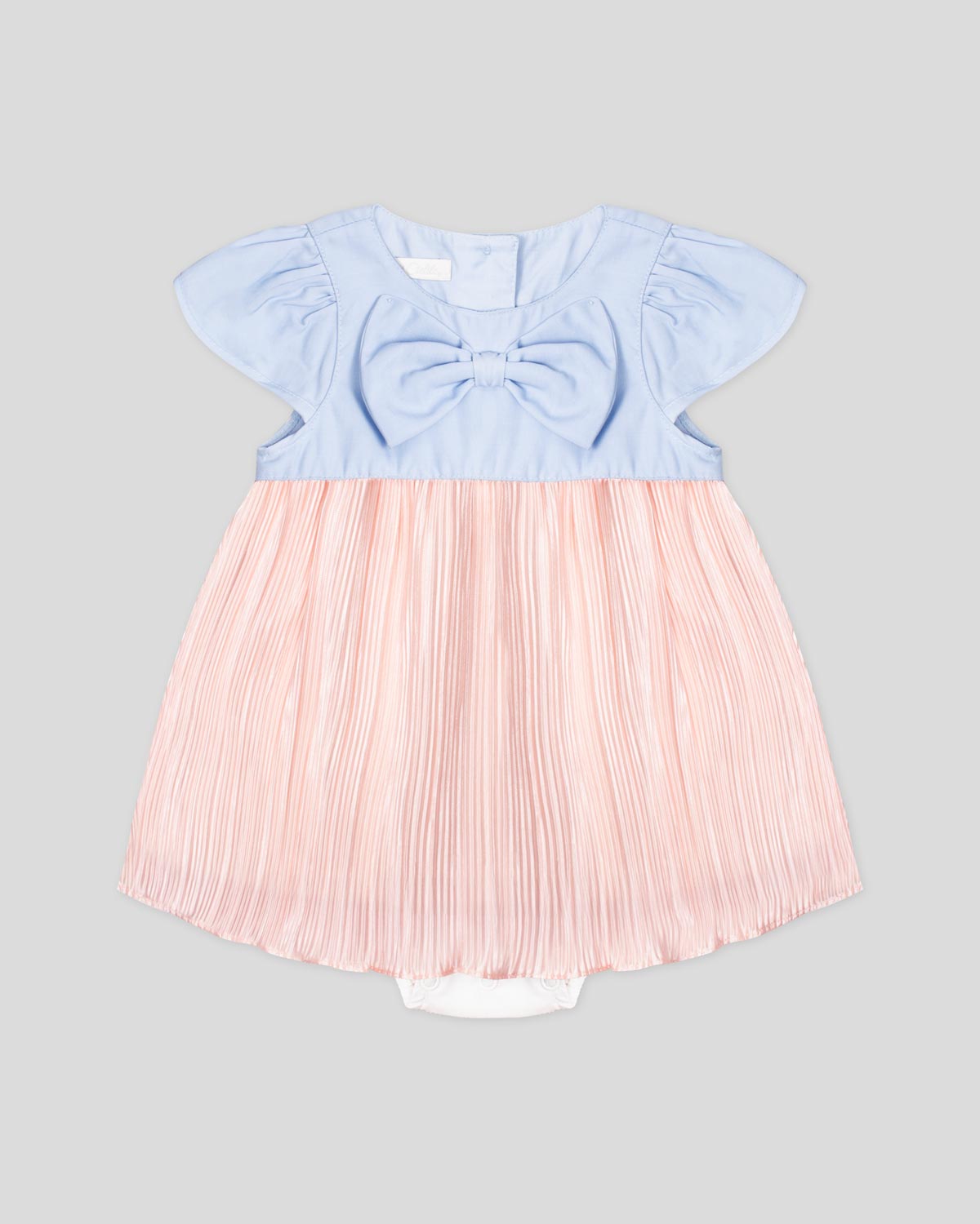 Vestido body en chambray azul con moño y plisado rosado para bebé niña