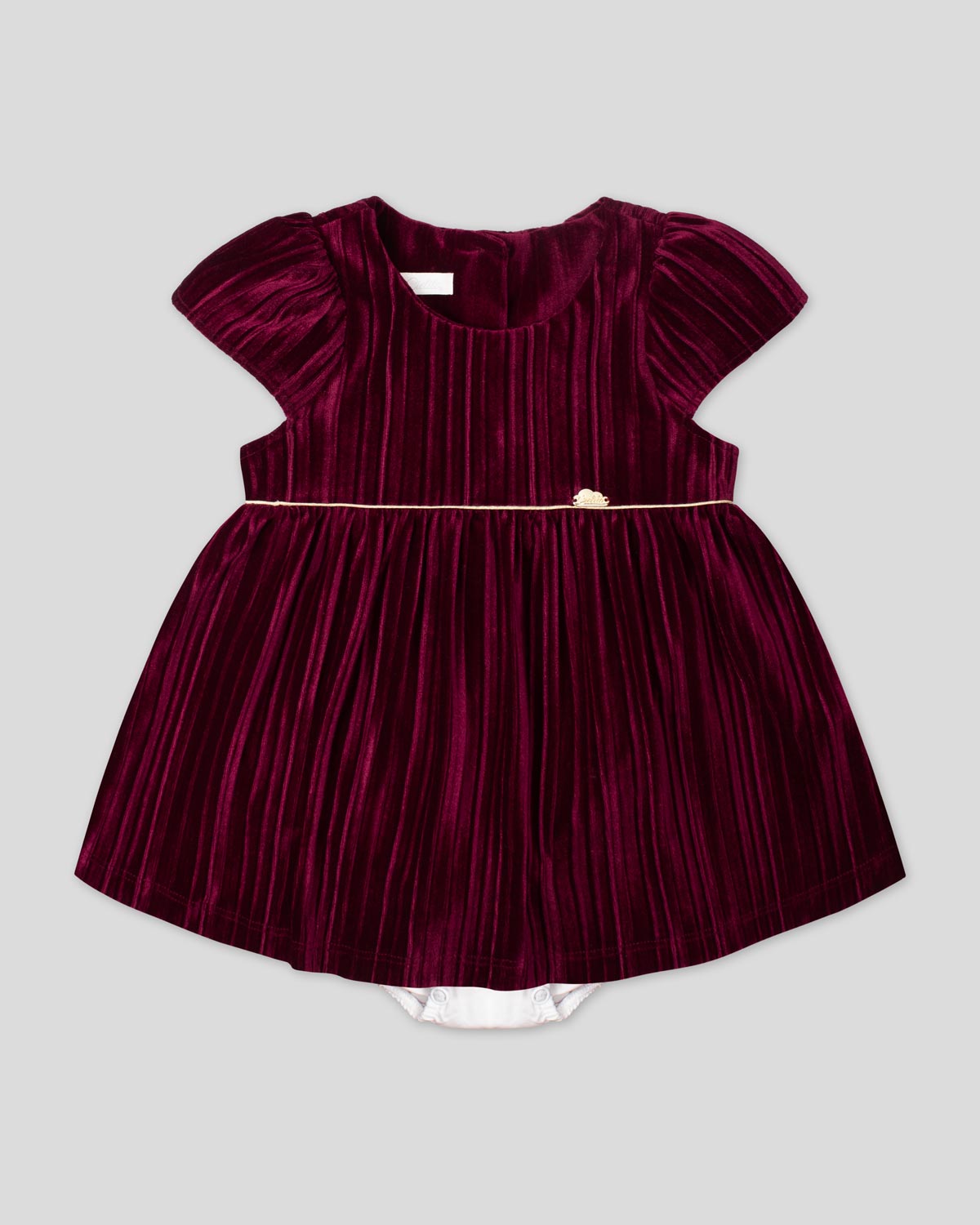 Vestido body en velvet plisado vinotinto con botonadura en espalda para bebé niña