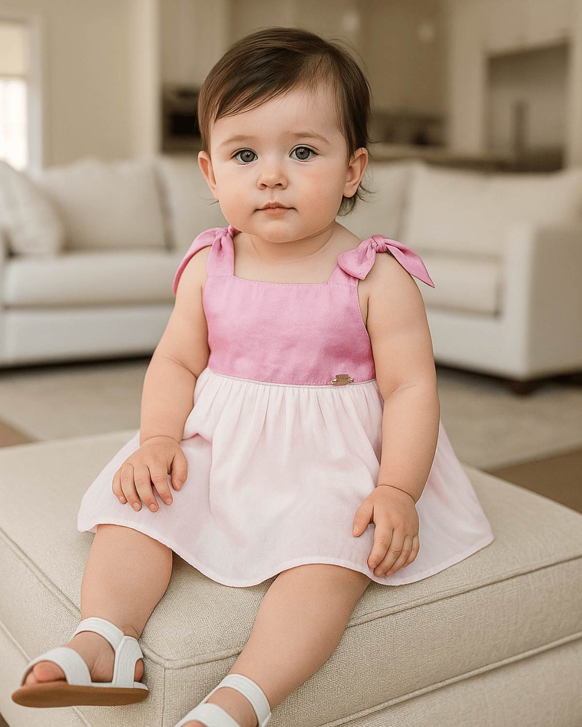 Vestido body rosa y blanco de tiras con moñitos para bebé niña