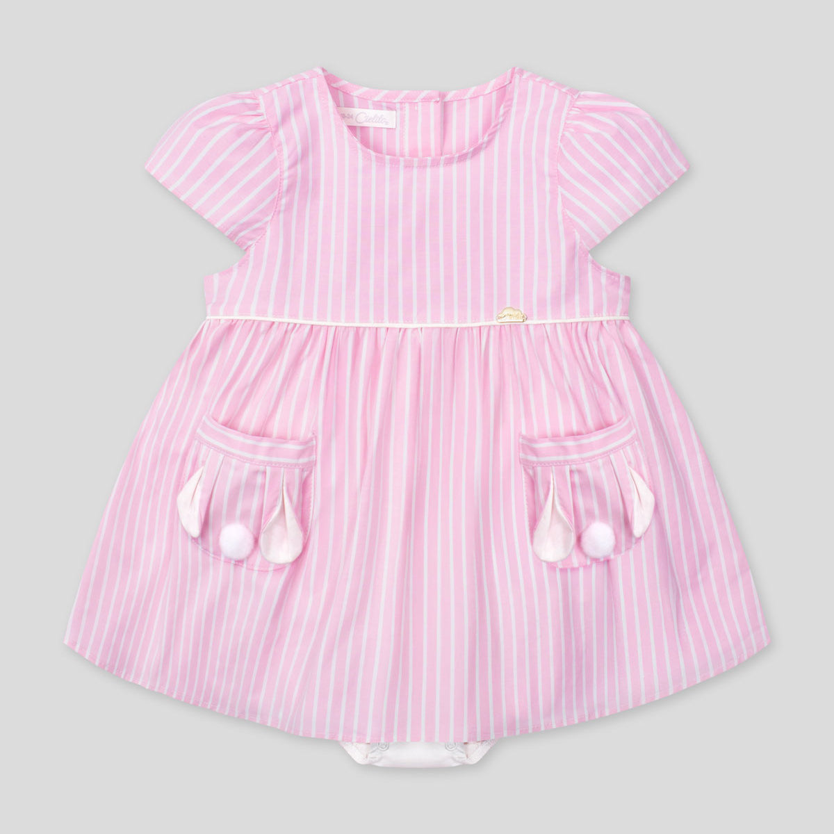 Vestido body rosa con estampado de líneas y bolsillos de conejito para bebé niña