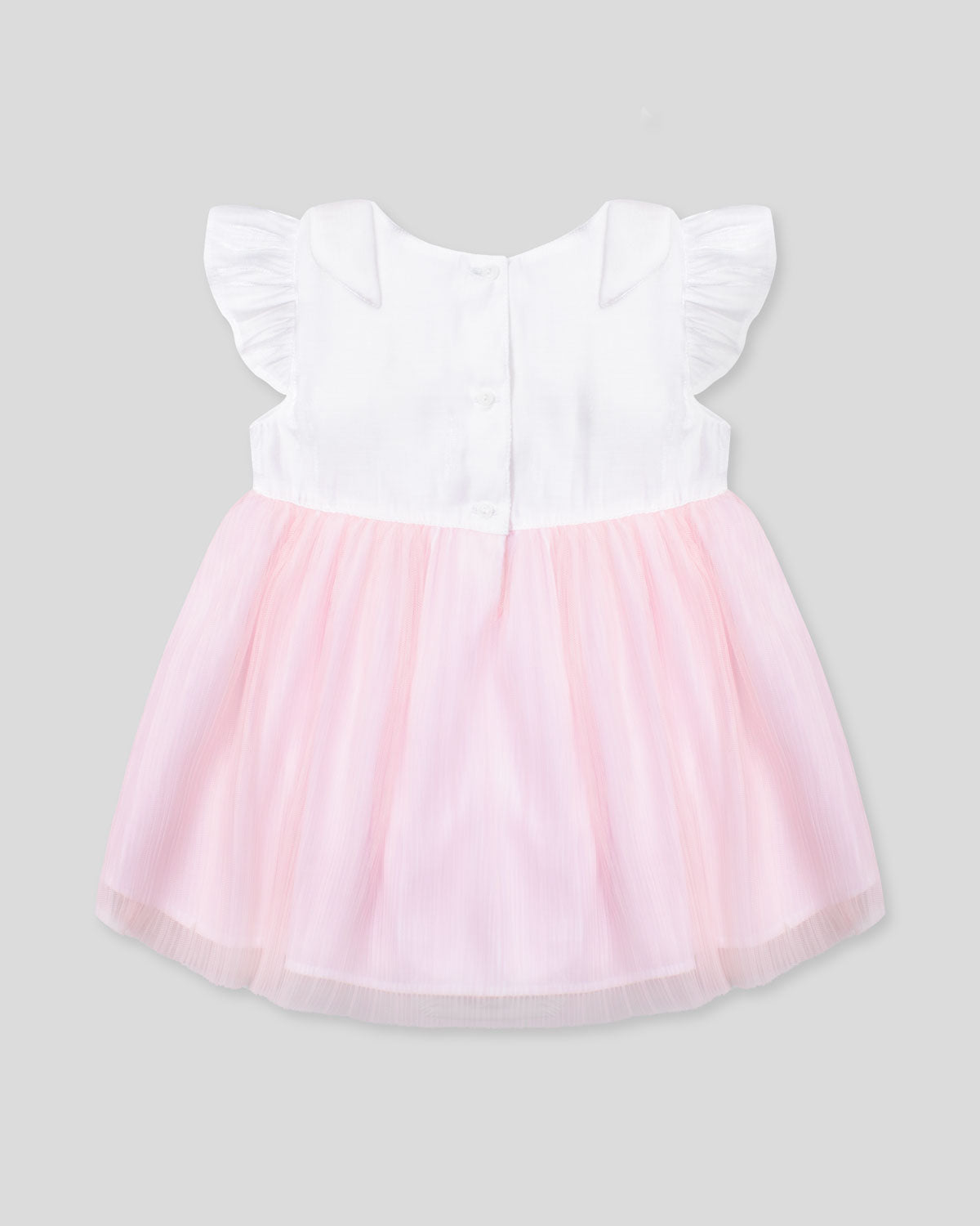 Vestido body en tencel blanco con moñitos y tull plisado rosa para bebé niña
