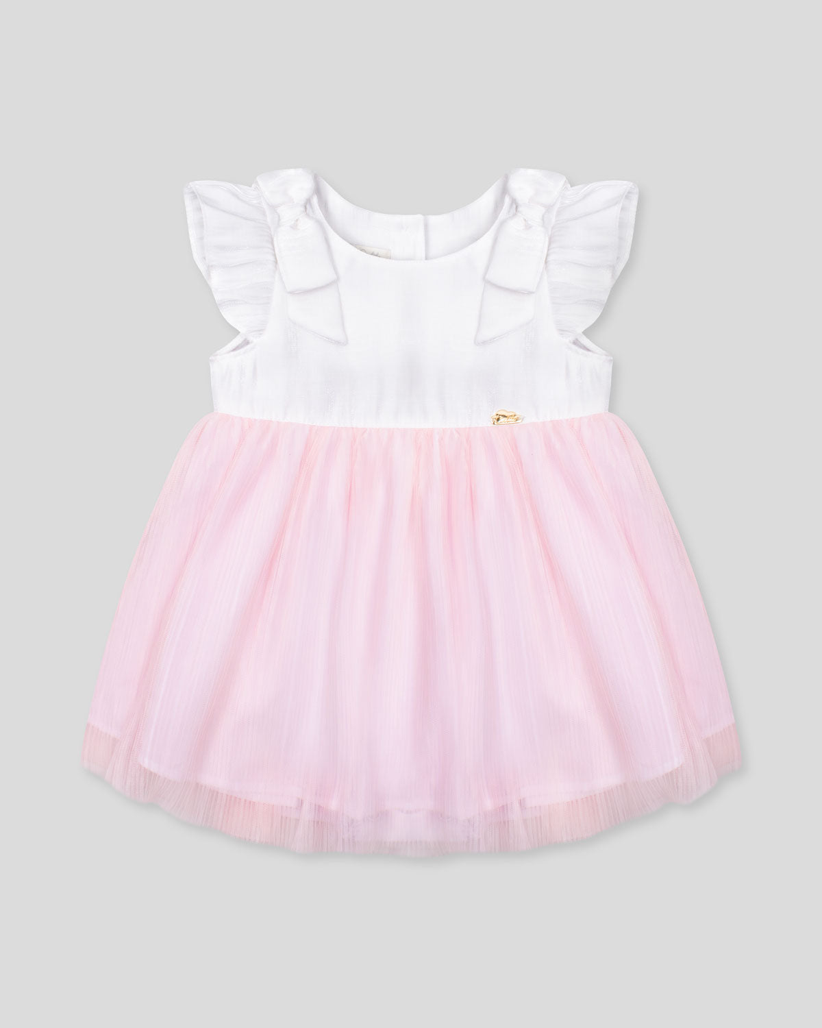 Vestido body en tencel blanco con moñitos y tull plisado rosa para bebé niña