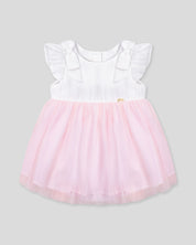 Vestido body en tencel blanco con moñitos y tull plisado rosa para bebé niña