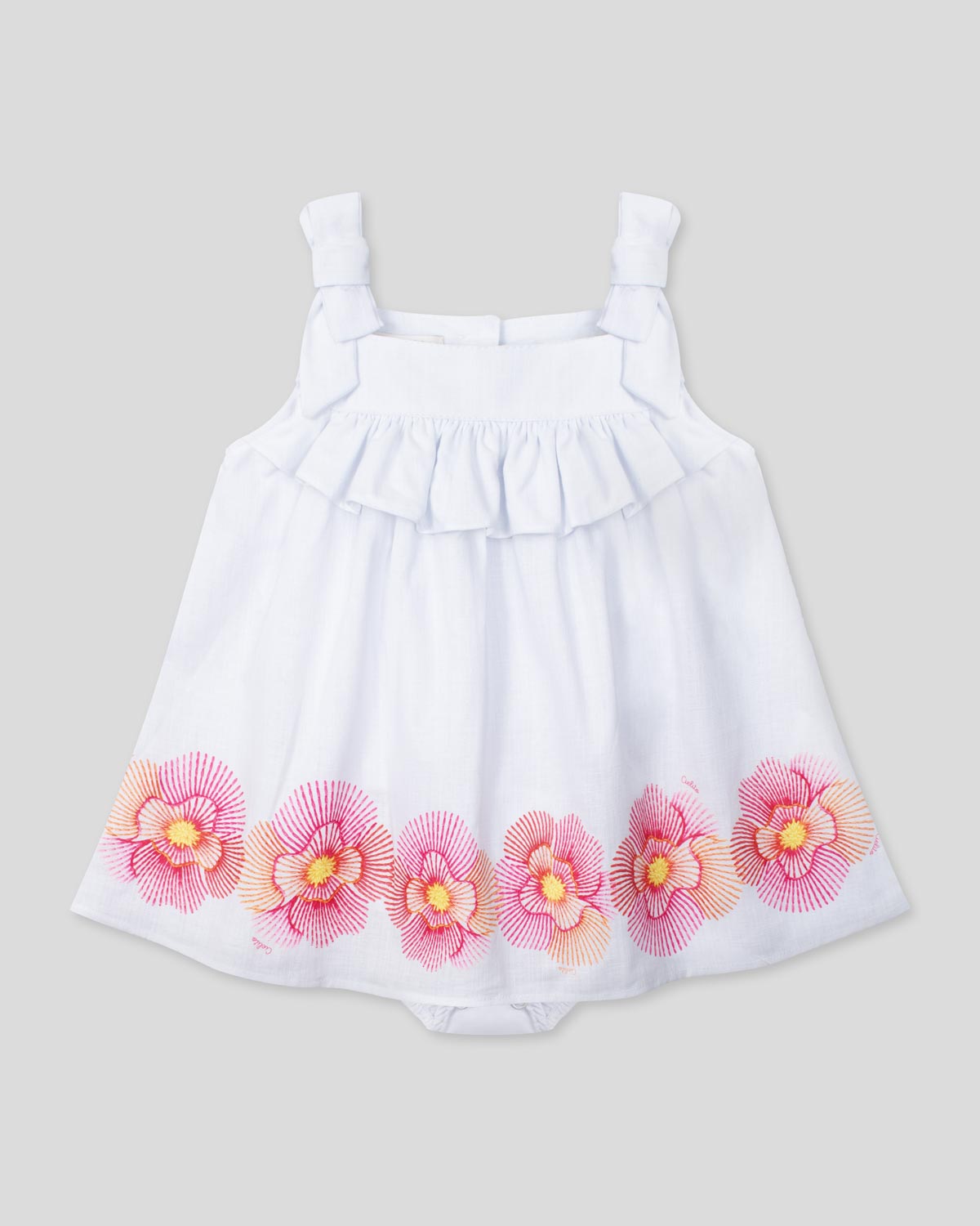 Vestido body en lino blanco con estampado de flores para bebé niña