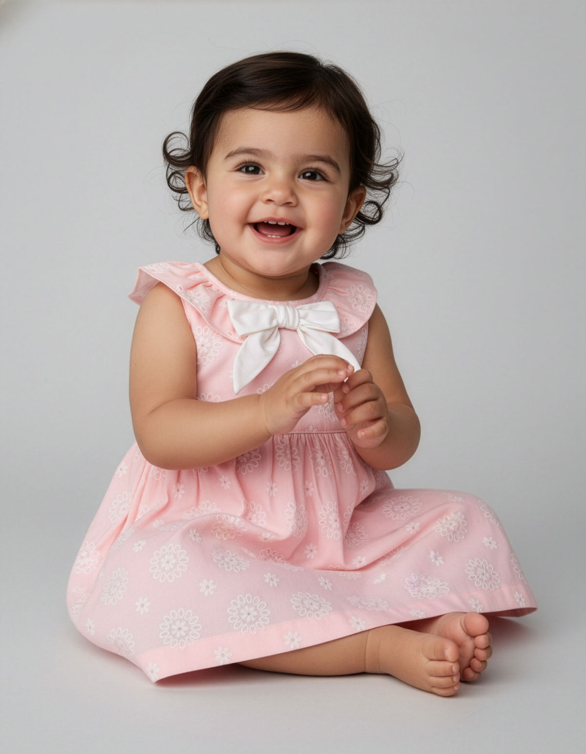 Vestido body rosa en tela hoja rota con estampado de flores y moño blanco para bebé niña