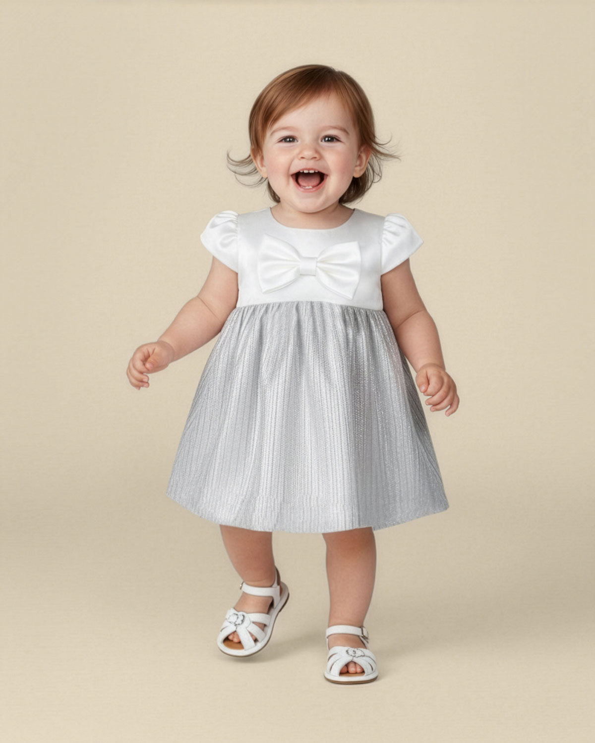 Vestido body con moño blanco satinado y plateado para bebé niña