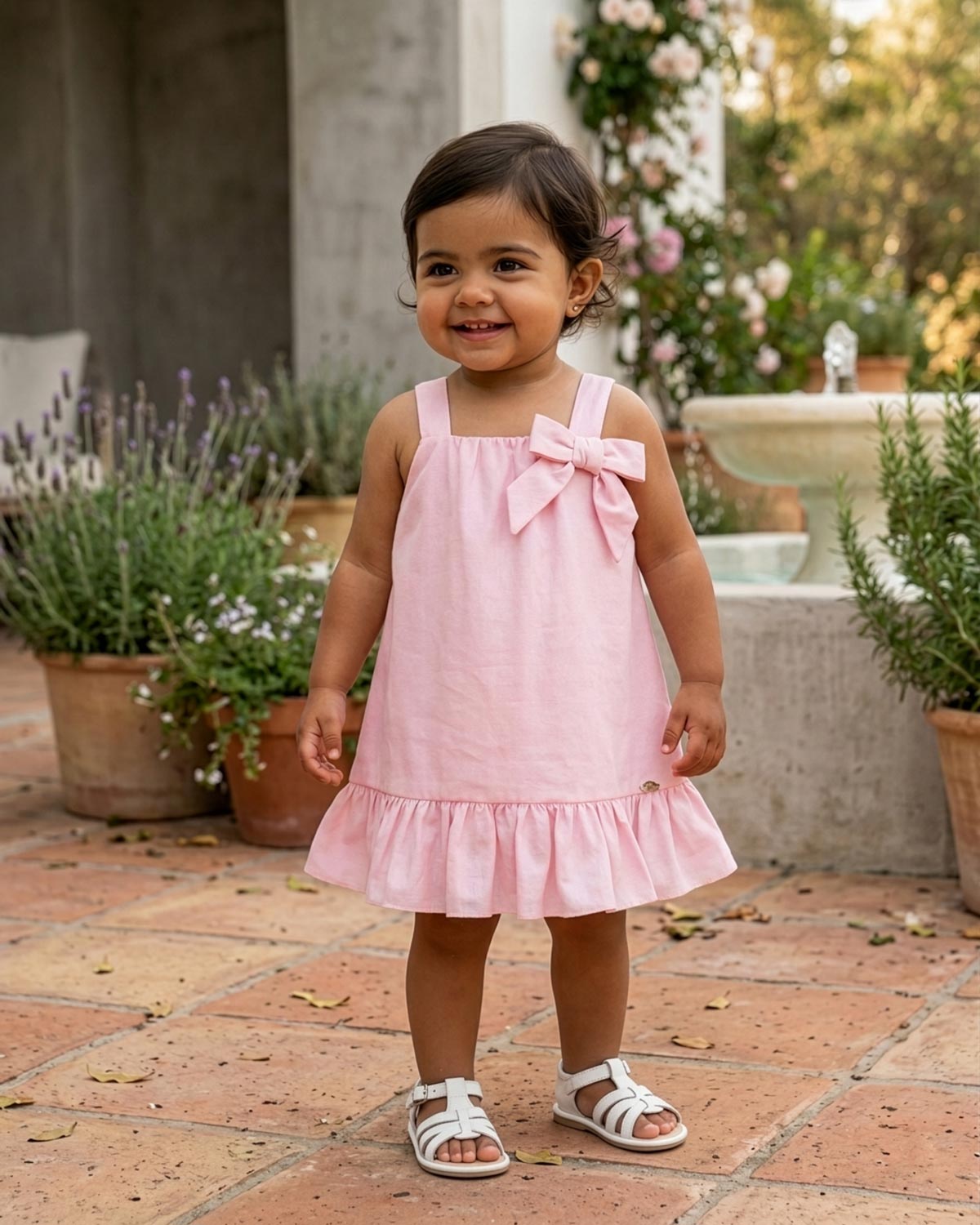 Vestido rosa de tiras con moñito para bebé niña