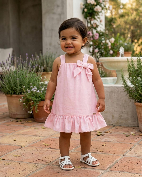 Vestido rosa de tiras con moñito para bebé niña
