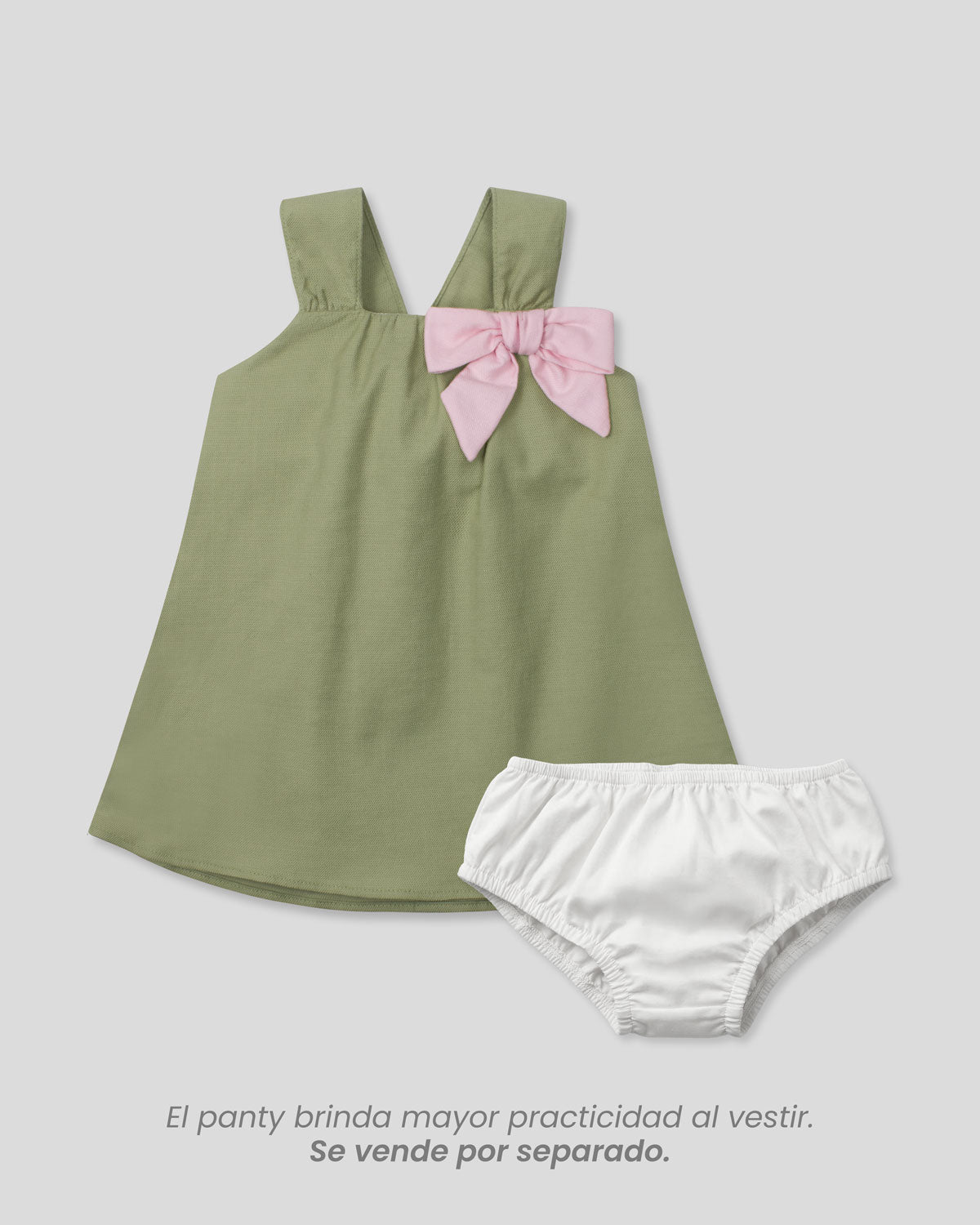 Vestido verde de tiras con moñito rosa para bebé niña