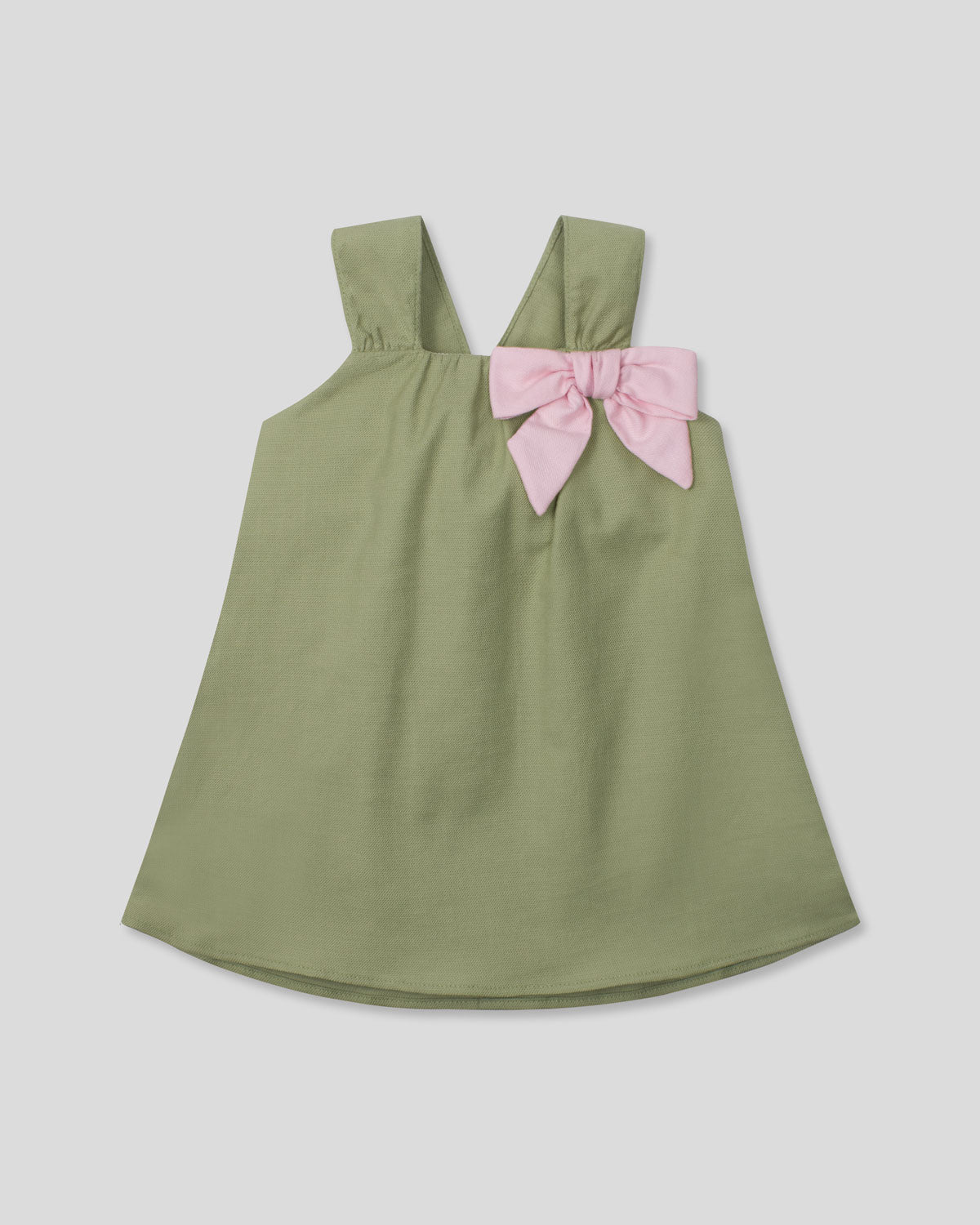Vestido verde de tiras con moñito rosa para bebé niña