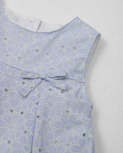 Vestido body en tela hoja rota azul con flores y moñitos para bebé niña