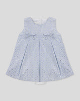 Vestido body en tela hoja rota azul con flores y moñitos para bebé niña
