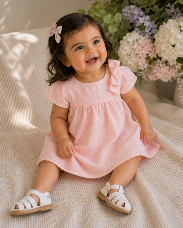 Vestido body rosa con detalle de líneas plateadas y moño en hombro para bebé niña