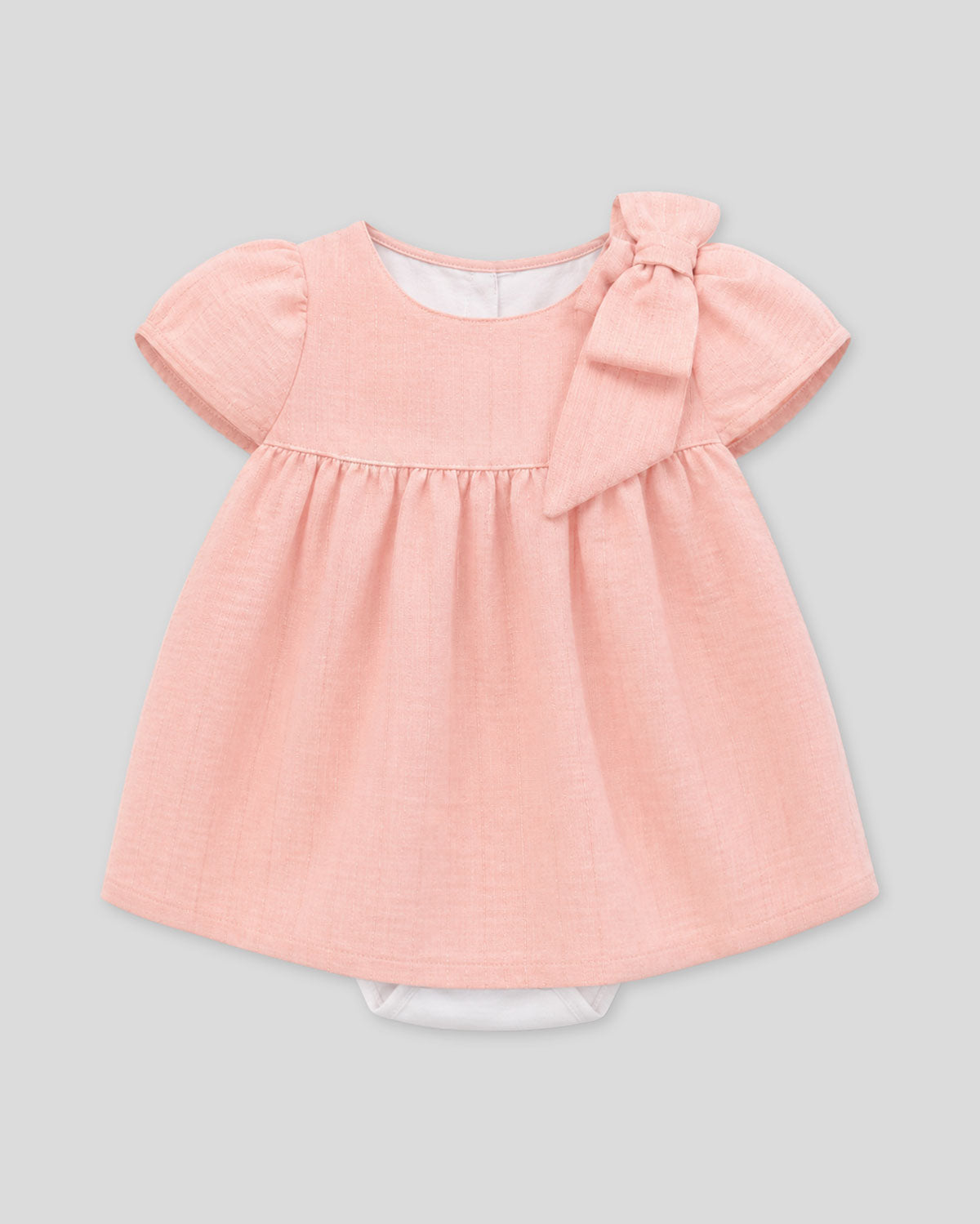Vestido body rosa con detalle de líneas plateadas y moño en hombro para bebé niña