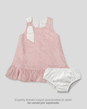 Vestido rosa en tela hoja rota con moño blanco en hombro para bebé niña